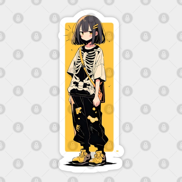 Spooky girl in a skeleton t-shirt Sticker by Fyllewy
